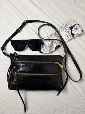 HOBO Black Glazed Leather Crossbody Bag | Slim Zip Pocket Shoulder Purse